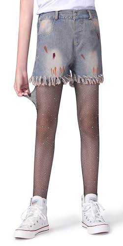 Henwarry Girls Sparkle Fishnet Stockings Children's High Waist Tights Rhinestone Hollow Out Party Pantyhose3