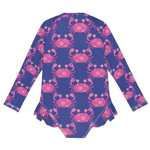 CaTaKu Girls One Piece Swimsuit Cute Pink Crab Bathing Suit Long Sleeve UPF 50+ Rash Guard Swimwear 3-12Y2