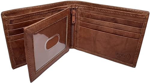 Paul & Taylor Mens RFID Protected Genuine Leather BiFold Wallet Center ID Flap 12 Credit Card Slots 3 Hidden Pockets 2 Zipper Compartments Divided Currency Compartment Key Holder #208 (British Brown)2