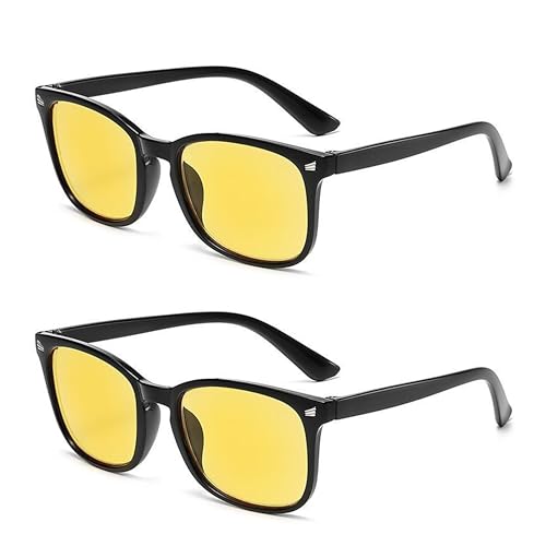 CATMEYE Pack de 2 Gafas de Conducción Nocturna con Lentes Amarillas, Gafas de Visión Nocturna Antideslumbrantes para Hombre y Mujer, Montura Cuadrada para Noche, Lluvia y Niebla (Amarillo)