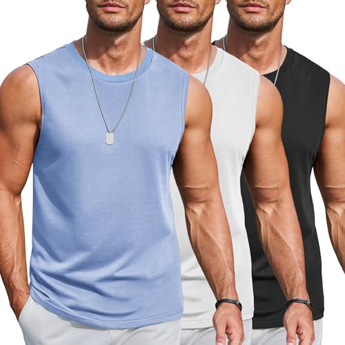 COOFANDY Men's Cotton Tank Top 3 Pack Muscle Cut Off T Shirts Plain Sleeveless Workout Shirt Classic Tanks Blue L