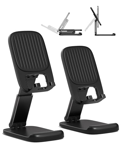 2 Pack Cell Phone Stand for Desk [Height Adjustable & Upgraded Stable Base] Foldable & Non-Slip Silicone Pad Phone Holder, iPhone Stand for All Phones, iPhone, iPad Stand | Office Desk Accessories