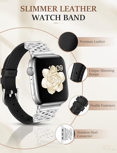 Image of Newlibery Leather Band for Women Slim Dressy Bands Compatible with Apple Watch 38mm 40mm 41mm 42mm 44mm 45mm 49mm, Designer Interlock Buckle Strap for iWatch Series 10 /9 /8 /7 /6 /5 /4 /3 /2 /1 /SE /Ultra