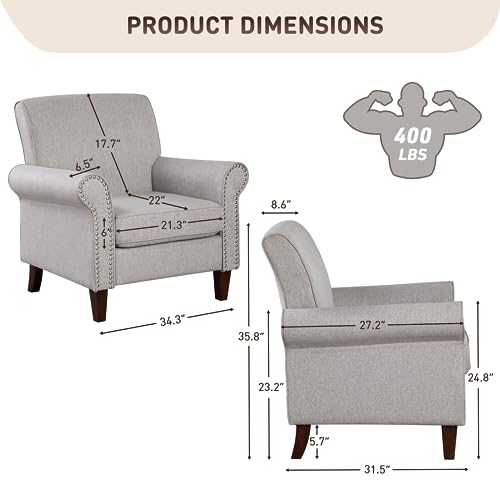 Prilinex Upholstered Living Room Chair Set of 4 - Large Comfy Fabric Accent Chair Single Sofa with Cushion, Rolled Armrest & Nailhead Trim, Mid Century Modern Armchair for Bedroom, Office, Grey - Image 4