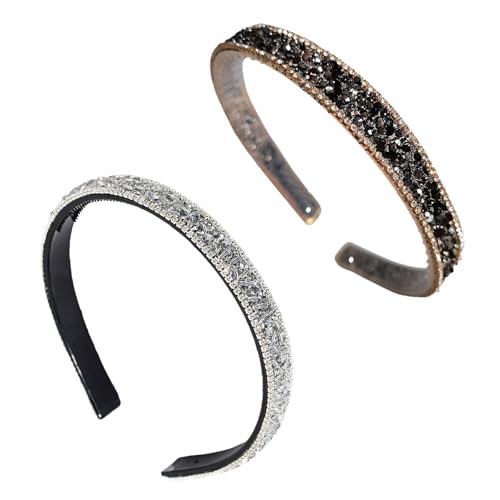 YSJCHEBS Pack De 2 Diademas De Pedrería, Diademas Brillantes, Elees Para Mujer, Antideslizantes (Plata, Negro)