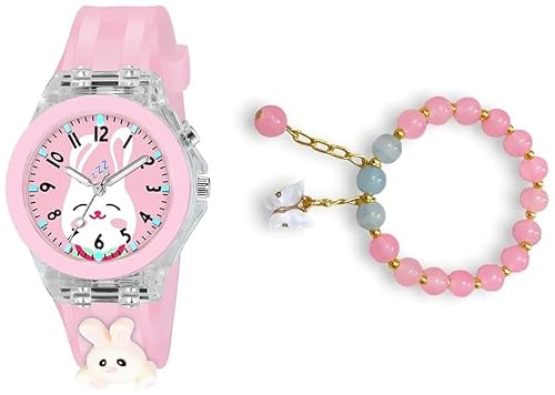 Acnos Analog Kids Multicolour Pink 2 Pieces Rebbit Premium Rubber Watch Gift Set for Watch Bracelet Gift for Daughter Gift for Birthday Luxury Gifting for Her Water Resistant