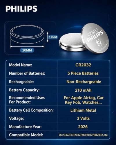 PHILIPS CR2032 Battery (5 Pack), 3V Lithium Coin Cell Battery Long-Lasting, Leak-Free, CR 2032 Batteries for Key Fob, Watches, Small Electronic Devices - image 8