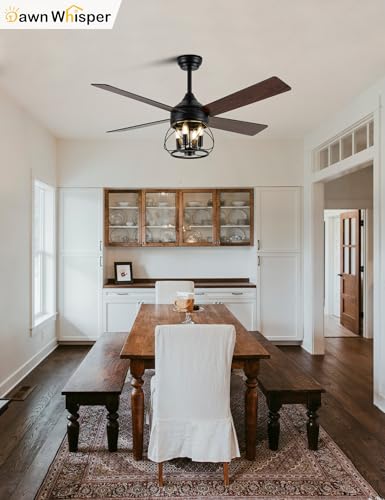 Image of Dawn Whisper 52 Inch Rustic Farmhouse Ceiling Fans with Lights and Remote Quiet and Reversible DC Motor Black Industrial Caged Ceiling Fan for Bedroom Living Room