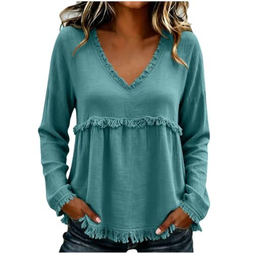 Boho Tops for Women Long Sleeve Fall Shirts Fringe Trim Frayed Edge Blouse