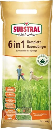 Substral Naturen 6in1 Komplett Rasendünger, 10 kg für 135 m² - mit Sofort und Langzeitwirkung mit Extra Kalk und Kalium