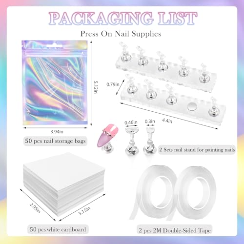 Image of 50 PCS Nails Packaging Bags with Nail Stand for Fake Nail, Holographic Press On Nail Storage Container Nail Art Kit for Diy Design,Nail Cardboards with 2 Double-sided Adhesive Tape Salon Home