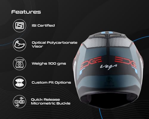 Image of Vega Edge DX Passion Full Face Motorcycle Helmet with Matte Shell, Shock Absorbing Liner, Comfortable Interior, Ventilated Fit, Aerodynamic Build, and Trendy Dull Black Blue Finish Dull Black Blue-L