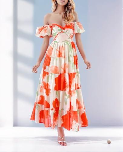 Image of GOLDSTITCH Women's 2026 Boho Floral Maxi Dress Puffy Short Sleeve Cutout V Neck Casual Long Beach Dress