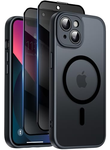 Image of Qasyfanc for iPhone 13 Case with MagSafe, Privacy Screen Protectors X2, [Camera Protection] [15FT Military Drop Protection] Magnetic Translucent Matte Back Shockproof Phone Cover, 6.1", Black