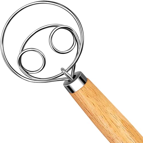 Danish Dough Whisk Stainless Steel Dough Hook Dutch Whisk for Sourdough Bread Dough Mixer Hand Wooden Handle Kitchen Whisking Mixing Tool Bread Making Tools and Supplies (2 Eyes Dough Whisk)