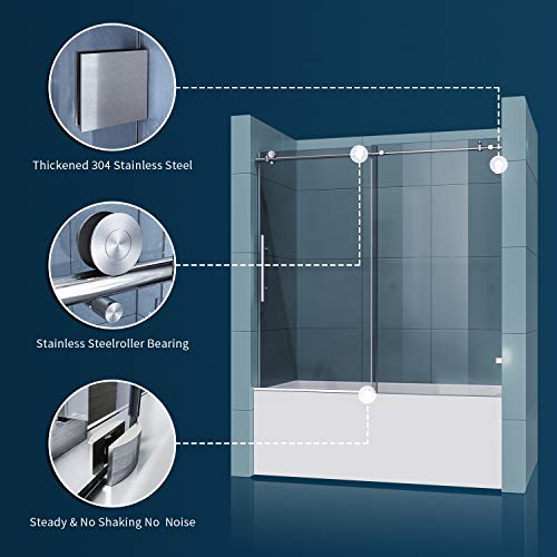 Sunny Shower Frameless Tub Shower Door, 58.5-60 In. W X 62 In. H Sliding Shower Glass Door For Bathtub With 3/8 In. Clear Glass, Polished Stainless Steel #TOP2