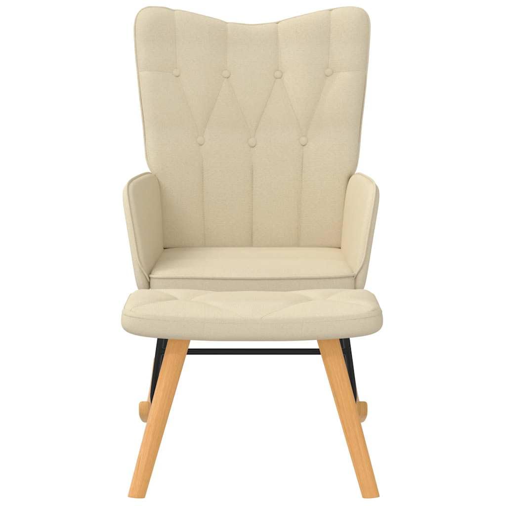Fotel bujany z taboretem, kremowy, 100% poliester, wymiary 61 x 78 x 98 cm, stalowa rama, drewniane płozy, fotel relaksacyjny do salonu i sypialni