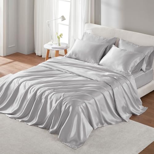 Image of Madison Park Essentials Satin Sheets Queen Size Bed Set, 6 Pcs, Light Grey | Luxury and Smooth Silky Bedding with Natural Sheen, All Around Elastic 14 inch Pocket fits up to 16 inch Mattress, Year-Round Cozy