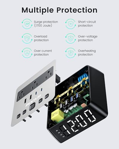Image of Alarm Clock with USB Charger JACKYLED Power Strip Total 4.8A USB Ports LED Full Screen Surge Protector 6.5ft Cord 4 Dimmer for Heavy Sleepers Compatible with Phone Tablet Computer Black Silver