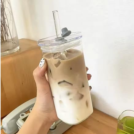 Glass Coffee Cup with Lid and Straw Square Heat Resistant Transparent Drinkware for Milk Tea Juice Cold Drinks