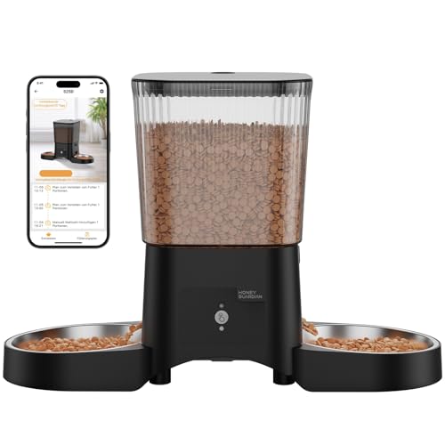 HONEYGUARDIAN Futterautomat Katze 2 Näpfe, 5G/2.4G WiFi Intelligenter Automatischer Futterspender für Katzen & Hunde, APP-Steuerung, 4 Anti-Rutsch-Füße, Stabilität, 1-6 Mahlzeiten/Tag (3.5L)