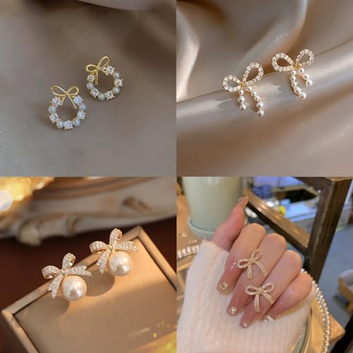 Gold Bow Earrings Set Golden Silver Ribbon Stud Earrings for Women Gift2
