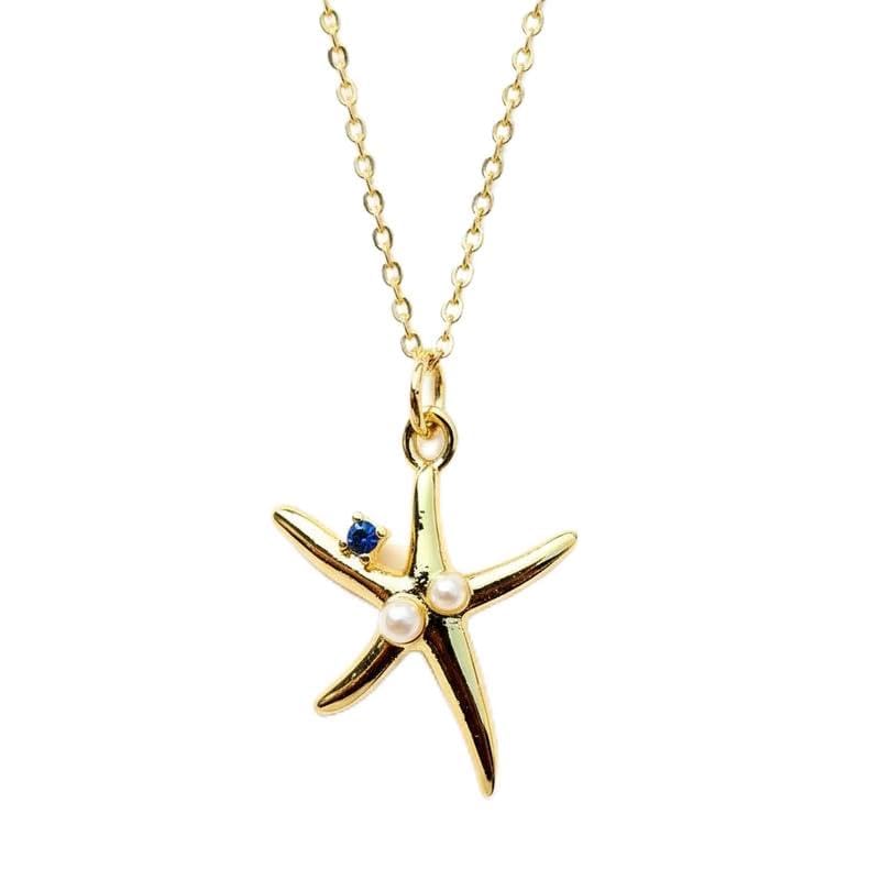 Collar con colgante de estrella de mar de plata de ley 925 chapado en oro con perla de agua dulce de 24x18 mm y cadena de cable de 45 cm (18 pulgadas), joyería hecha a mano |WW_SCA_0122