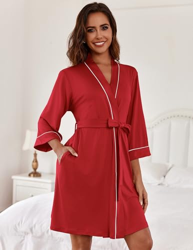 Image of Ekouaer Women Kimono Robes Knee Length Knit Bathrobe Lightweight Soft Sleepwear V-neck Casual Ladies Loungewear