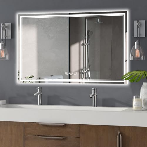 Image of 55x36 Inch Led Mirror for Bathroom with Front Light and Backlit, Bathroom Mirror with Led Lights, Vanity Mirror with Lights for Wall, Anti-Fog, Dimmable, Memory Function, Tempered Glass