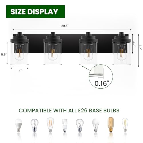 Image of Bathroom Vanity Light Fixture, 4-Light Modern Black Vanity Light Fixtures with Clear Glass Shade, Matte Black Bathroom Light Fixtures Over Mirror, Rustic Restroom Lighting Fixtures