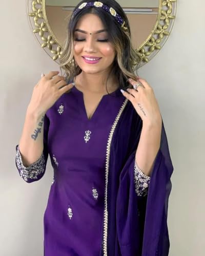 Image of Women Premium Collection Rayon Embroidered Straight Kurta Pant Dupatta Festive Ethnic Apparel Set