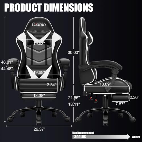 Image of Czlolo Gaming Chair with Footrest Racing Style Lumbar Support Massager Video Game Chair with Metal Legs, High Back Reclining Gamer Chair with Headrest, 360 Swivel Office Computer Desk Chair (White)