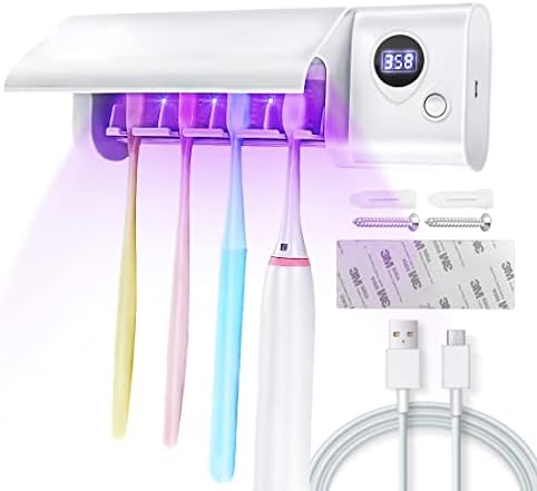 Toothbrush Sanitizer, Toothbrush Sanitizer and Holder-4 Toothbrush Slots, UV Toothbrush Sterilizer for Bathroom, Wireless Wall Mount Toothbrush Holder Fits Electric, Ordinary Toothbrushes