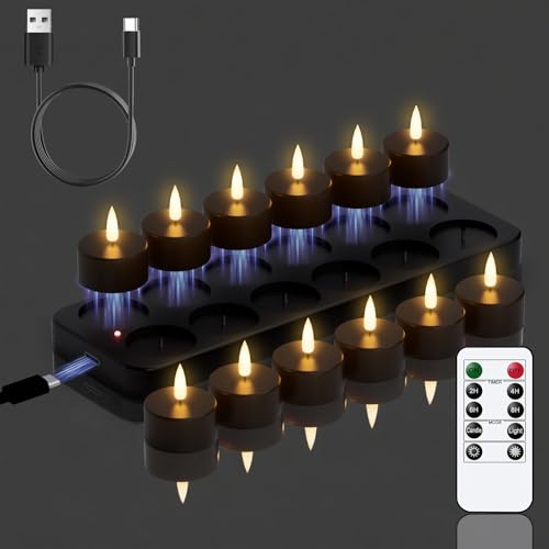Image of GenSwin 12 Rechargeable Tea Lights Candles with Charging Base and Remote Timer, Flameless LED Tealight Candles Battery Operated Halloween Fall Wedding Table Centerpieces (Black, 1.57 inch x 1.85 inch)