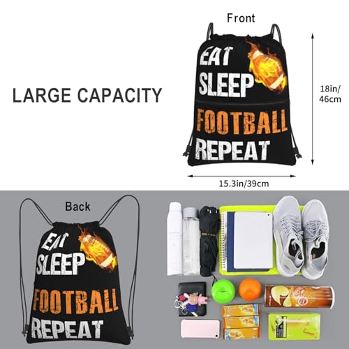 Image of Football Drawstring Bags, Outdoor Sport Sackpack Cinch String Bag, Eat Sleep Football Repeat Drawstring Backpack, Waterproof Gym Drawstring Bags, Football Player Gift for Men & Women