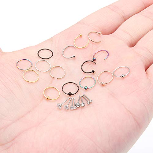 Scerring 23Pcs 22 Gauge Nose Rings Hoop Stainless Steel Bone Clear Cz Nose Studs Cartilage Daith Tragus Ear Piercing Ring Hoop Body Jewelry Set #TOP2