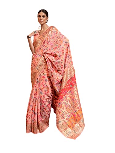 Sari indien en soie Kashmiri tissé main pièce traditionnelle élégante couleur pêche