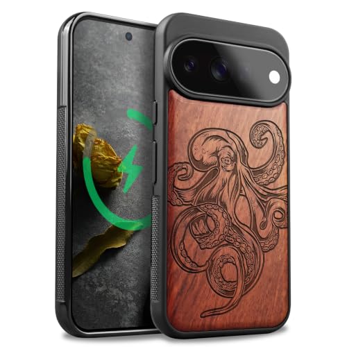 Coque Pixel 11 Pro XL Bois Carveit : Étui Magsafe Artistique avec Gravure Poulpe Rosé
