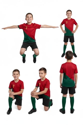 Image of Sports Soccer Football Portugal Jersey Ronaldo 7 Home Away Kit Jersey T-Shirt with Black Shorts(Kid's,Boy's & Men) M2