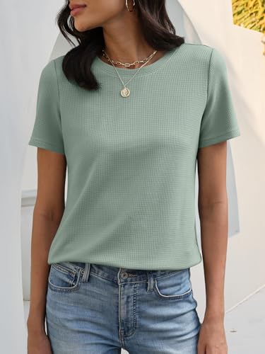 Image of ANRABESS Womens Waffle Knit Tops Short Sleeve Crewneck Shirts Curved Hem Summer Dressy Casual Blouses Spring Fashion Clothing