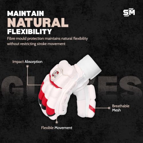 Image of SM Power Batting Gloves Men's | Cricket Gloves | Super Test Model | Imported Sheep Leather Palm | Full Fibre Shield | Plastazote Thumb Protection | Water-Repellent | Professional Gloves | Size Men's