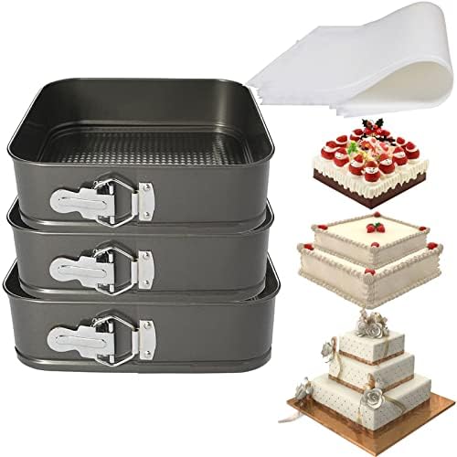 Springform Cake Pan Square Baking Pan, Set of 3 Baking Set 8inch,9inch,10inch,Leakproof Cake Mold with 50 PCS Parchment Paper Liners, Non-stick Square for Baking,Removable Bottom (3 Pieces)