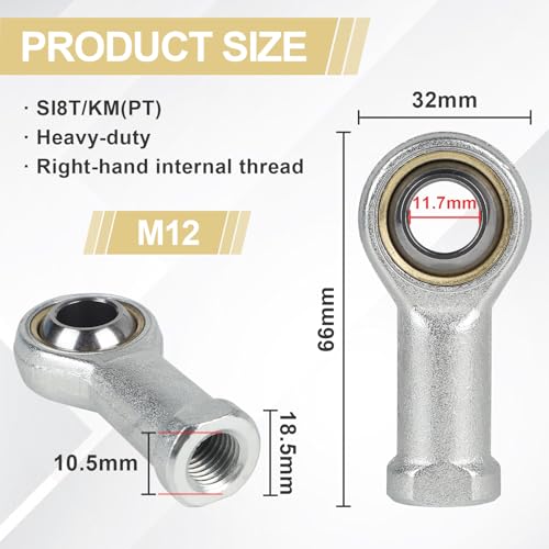 EFUTURETIME 4pcs Gelenkkopf Gelenklager M12, Gelenkkopf Lager mit Rechtsgewinde aus Lagerstahl, Sphärische Gleitstangenenden SI12T/KM(PT) zum Verschiedene Mechanische Geräte