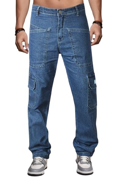 Image of RIG BONE Men's Relaxed Fit Cargo Jeans with Functional Pockets Comfortable High Rise Design Durable Denim Mid Wash Ideal for Casual Wear Travel Outdoor and Urban Adventures
