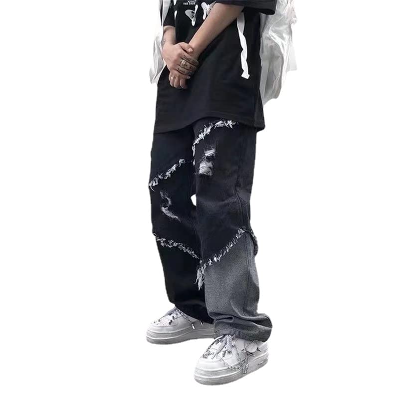 Irregular Ripped Hole Jeans Denim Pant Man Straight Patchwork Baggy Punk Kpop Harajuku Streetwear Hip Hop