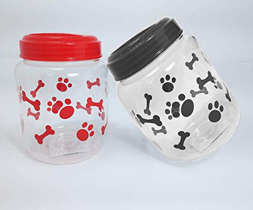Cats BPA-Free Plastic Airtight Pet Treat & Food Storage Containers Canisters Black & Red Paw Print (Set of 2)
