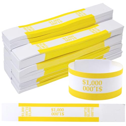1000PCS Dollar Bands Money Straps â€“ $1000 Yellow Currency Straps Bill Wrappers Money Bands to Organize Bills in ABA Standard Colors, Self-Adhesive for Cash Dollar Wraps Bundles, 7.5 x 1.15 Inches