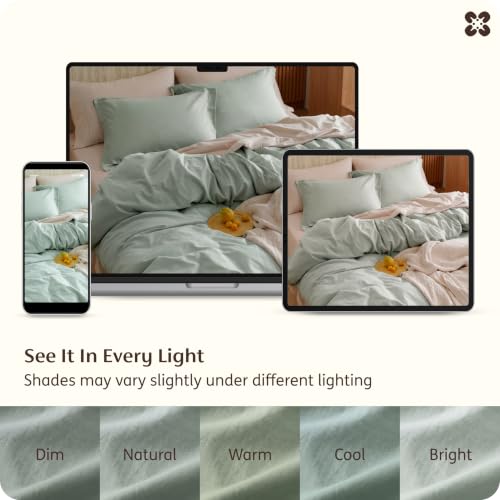 Image of Bedsure 100% Washed Cotton Duvet Cover Queen Size - Sage Green Minimalist Bedding Set Linen Like - PureWoven Plain Simple & Soft Comforter Cover for All Seasons (Sage Green, Queen, 90 inchx90 inch)
