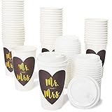 Mr and Mrs Paper Insulated Coffee Cups with Lids (16 oz, 48 Pack)