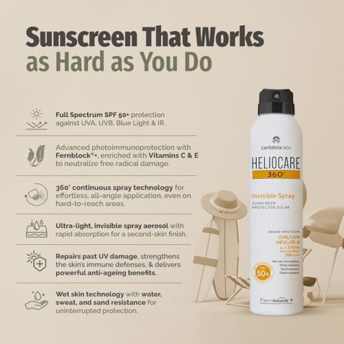 Image of Heliocare 360 Invisible Body Sunscreen Spray SPF 50+ PA++++ | Wet Skin Use, No White Cast | Water-Resistant Outdoor Sunscreen | UVA UVB + Blue Light + IR-A Protection | Fernblock Antioxidant | 200ml